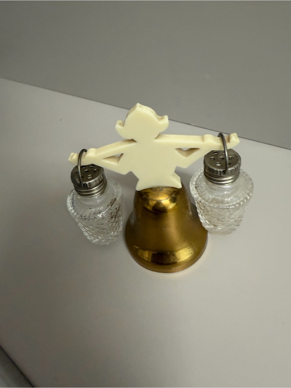 Vintage Brass Bell Salt and Pepper Set with Cream Accent